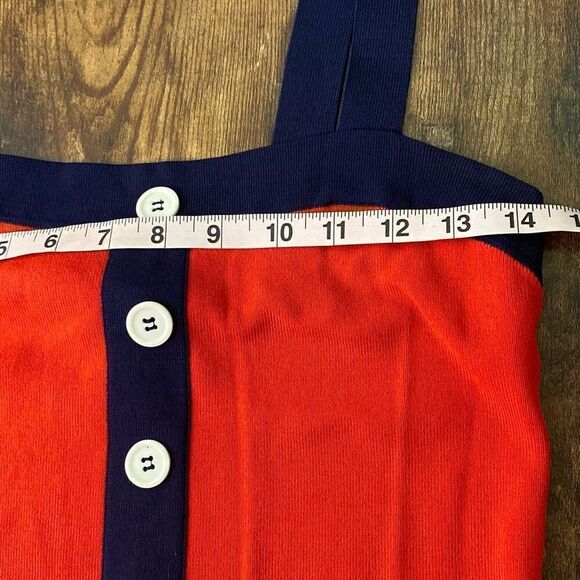 STAUD tomato red/blue straps w/ buttons dress knit S pinup retro - Picture 11 of 13